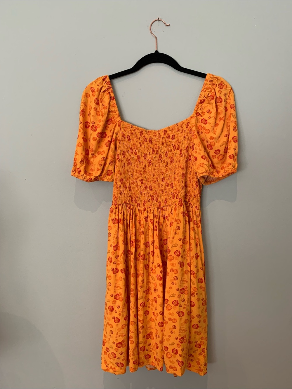 Disney Yellow Puff-Sleeve Smocked Mini Dress with Red Floral Motif